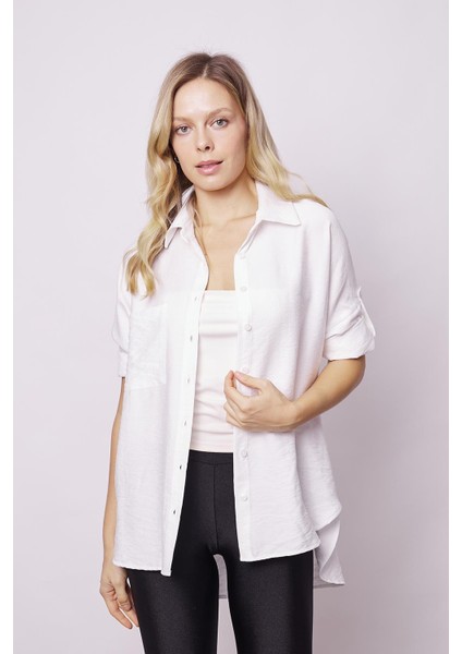 Kadın Keten Görünümlü Kolu Katlanabilir Rahat Kesim Uzun Tunik Gömlek-Krem indirimleri