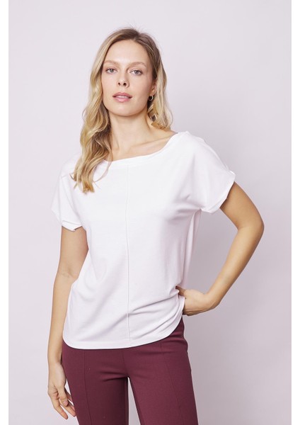 Kadın Likrasız Şık Span Kumaş Kayık Yaka Önü Dikişli Düşük Omuzlu T-Shirt Bluz-Beyaz modelleri