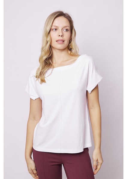 Kadın Likrasız Şık Span Kumaş Kayık Yaka Önü Dikişli Düşük Omuzlu T-Shirt Bluz-Beyaz fırsatları