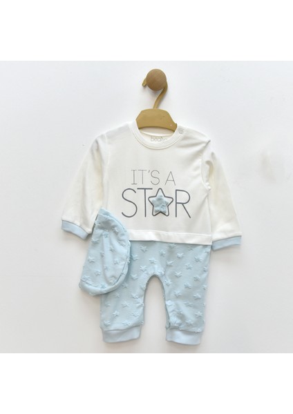 6-9-12 Ay Unisex Yıldız Kabartma Desenli Tulum Şapkatakım