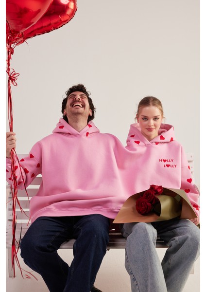 Kalp Baskılı Çift Giyilir Lovebombing sweatshirt Pembe modelleri