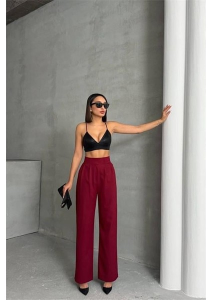 Dipmoda kadın bordo beli cırtlı palazzo kumaş pantolon DPG063