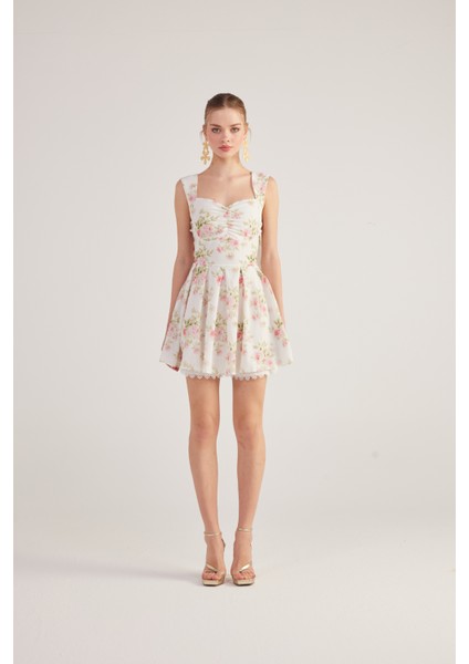 Eteği Brode Detaylı Çiçekli Mini Romance Elbise Pembe modelleri