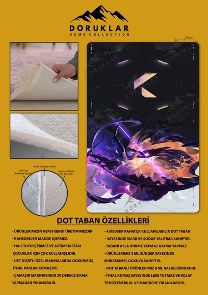 Kaymaz Taban Makinada Yıkanabilir Dijital Baskı Valorant Tasarım Desenli Çocuk Odası Halısı Dot Taban Halı VL16