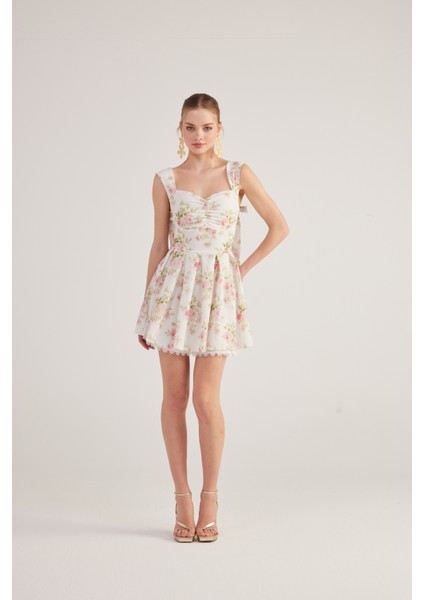Eteği Brode Detaylı Çiçekli Mini Romance Elbise Pembe