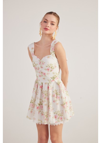 Eteği Brode Detaylı Çiçekli Mini Romance Elbise Pembe modelleri