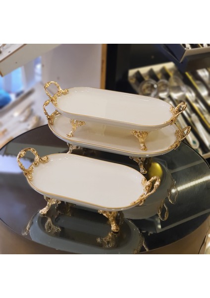 Oval 3 Parça Porselen Sunum Seti Gold