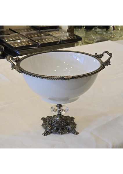 Döküm Ayaklı Metal Çerçeveli 26 cm Porselen Salata Kasesi Antik