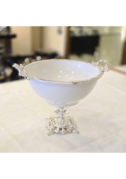 Döküm Ayaklı Metal Çerçeveli 21 cm Porselen Salata Kasesi Gümüş