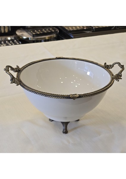 Metal Çerçeveli Ayaklı 26 cm Porselen Salata Kasesi Antik