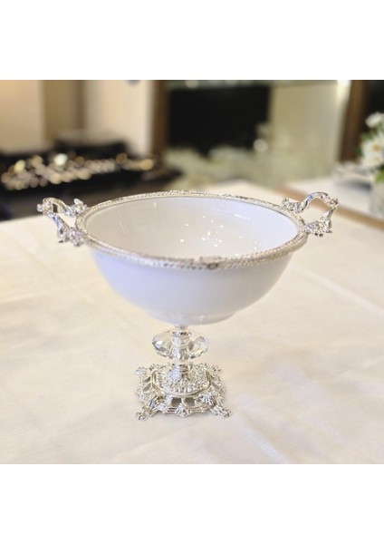 Döküm Ayaklı Metal Çerçeveli 26 cm Porselen Salata Kasesi Gümüş fiyatları