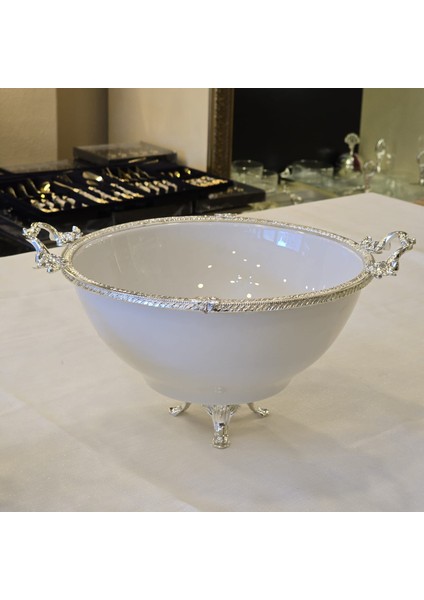Metal Çerçeveli Ayaklı 26 cm Porselen Salata Kasesi Gümüş