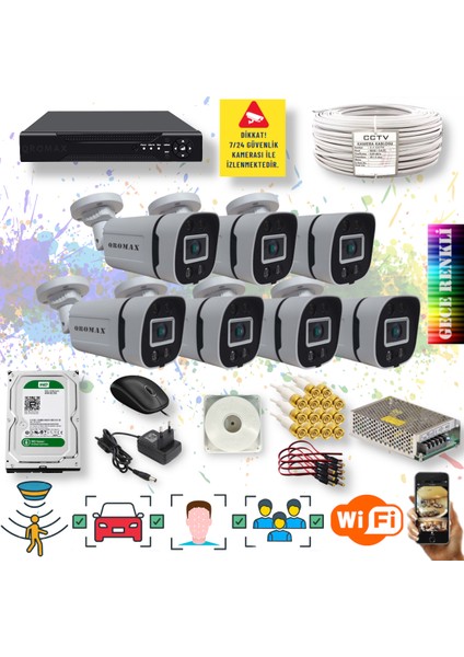 7 Kameralı Set - Yapay Zeka Özellikli Gece Renkli Gösteren 5MP SONY Lensli 4 Ultra Warm Ledli FULLHD Güvenlik Kamerası Seti 604W-108