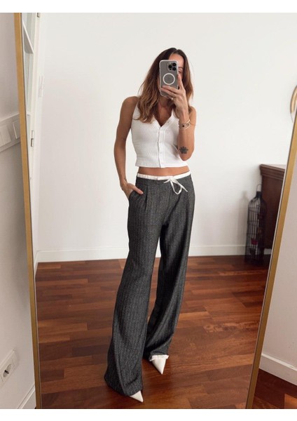 Kadın Çift Bel Bantlı Wıde Leg Bağcıklı Gri Pantolon