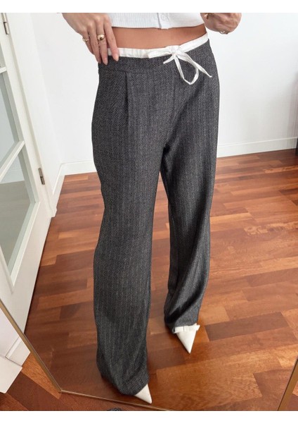 Kadın Çift Bel Bantlı Wıde Leg Bağcıklı Gri Pantolon fiyatları