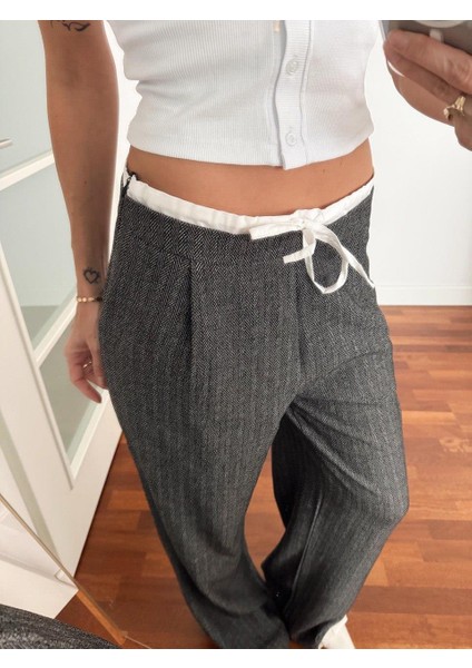 Kadın Çift Bel Bantlı Wıde Leg Bağcıklı Gri Pantolon fırsatları
