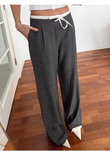 Kadın Çift Bel Bantlı Wıde Leg Bağcıklı Gri Pantolon indirimleri