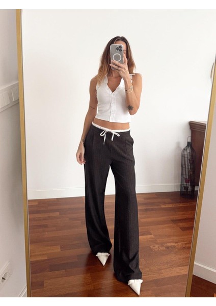 Kadın Çift Bel Bantlı Wıde Leg Bağcıklı Kahverengi Pantolon