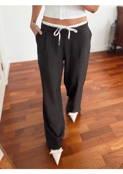 Kadın Çift Bel Bantlı Wıde Leg Bağcıklı Kahverengi Pantolon fiyatları