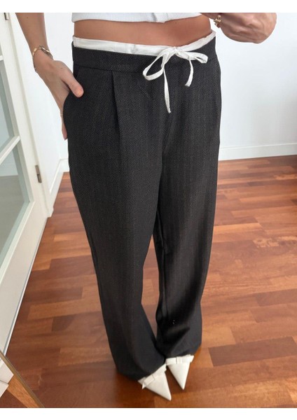 Kadın Çift Bel Bantlı Wıde Leg Bağcıklı Kahverengi Pantolon fırsatları