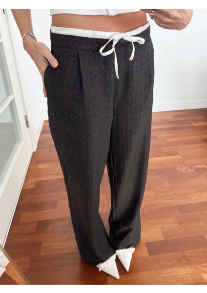 Kadın Çift Bel Bantlı Wıde Leg Bağcıklı Kahverengi Pantolon indirimleri