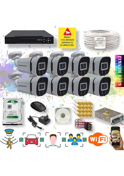 8 Kameralı Set - Yapay Zeka Özellikli Gece Renkli Gösteren 5MP SONY Lensli 4 Ultra Warm Ledli FULLHD Güvenlik Kamerası Seti 604W-108