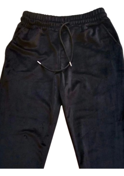 Parlak Kadife Cepli Pantolon Eşofman Pijama Altı Unisex Lastikli Paça Siyah