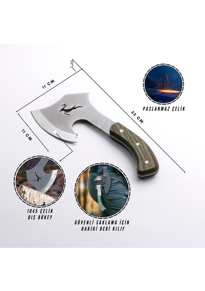 Geyikli Balta Bushcraft Bıçak Seti Ketezli Çakı ve Hakiki Deri Kılıf Hediyeli 3'lü Set