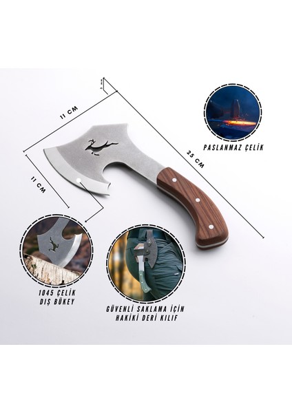 Geyikli Balta Bushcraft Bıçak Seti Ketezli Çakı ve Hakiki Deri Kılıf Hediyeli 3'lü Set