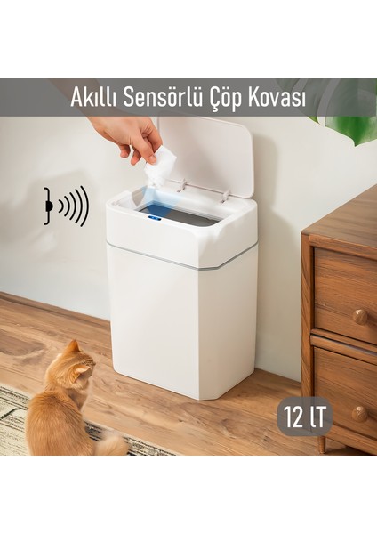 4147 Hareket Sensörlü Sessiz Kapatma Çöp Kutusu Banyo Mutfak Pilli Çöp Kovası Kapaklı Banyo Çöp Kovası 12 Litre