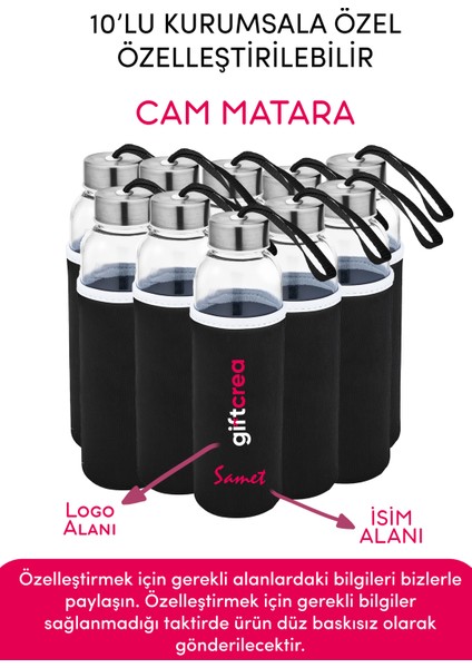 Kurumsala Özel Kılıflı Cam Matara Özelleştirilebilir 10'lu Kılıflı Cam Matara 470 ml Borosilikat