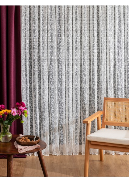 Kullanıma Hazır Petek Üstü Ekru Renk Pati Desen (1x2.5) Orta Pile Tül Perde