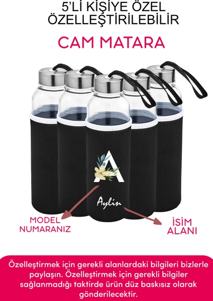 Kişiye Özel Kılıflı Cam Matara , Özelleştirilebilir 5li Kılıflı Cam Matara 470 ml Borosilikat