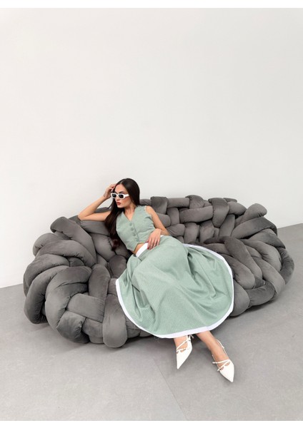 Kadın Çizgili Garnili Midi Boy Çan Etek Yelek Takım