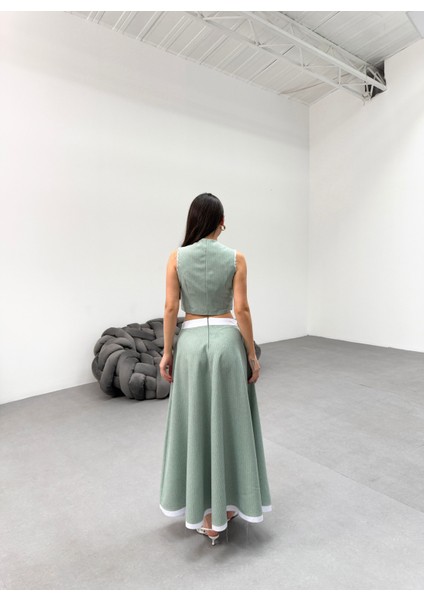 Kadın Çizgili Garnili Midi Boy Çan Etek Yelek Takım fiyatları