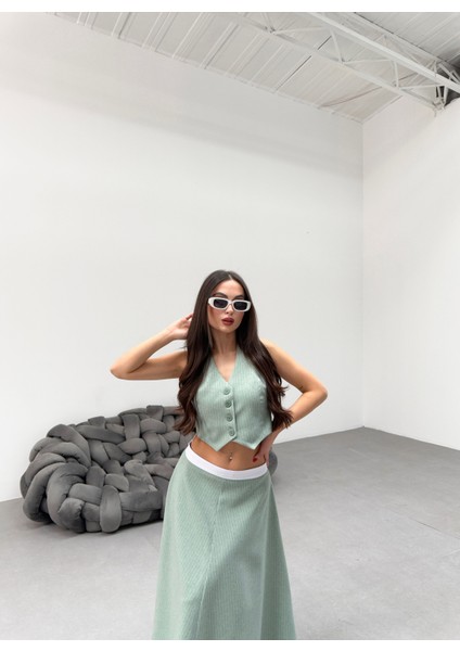 Kadın Çizgili Garnili Midi Boy Çan Etek Yelek Takım modelleri