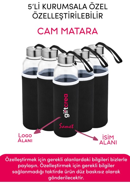 Kurumsala Özel Kılıflı Cam Matara Özelleştirilebilir 5'li Kılıflı Cam Matara 470 ml Borosilikat