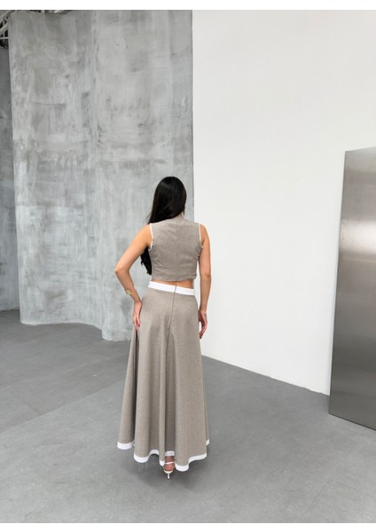 Kadın Çizgili Garnili Midi Boy Çan Etek Yelek Takım fiyatları