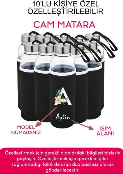 Kişiye Özel Kılıflı Cam Matara , Özelleştirilebilir 10LU Kılıflı Cam Matara 470 ml Borosilikat