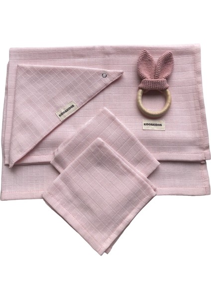 Bebek 85X75 Pembe Müslin Örtü, 1 Diş Kaşıyıcı,1 Önlük,2 Mendil,5 Li TAKIM,%100 Pamuk
