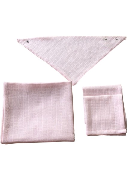 Bebek 85X75 Pembe Müslin Örtü, 1 Diş Kaşıyıcı,1 Önlük,2 Mendil,5 Li TAKIM,%100 Pamuk