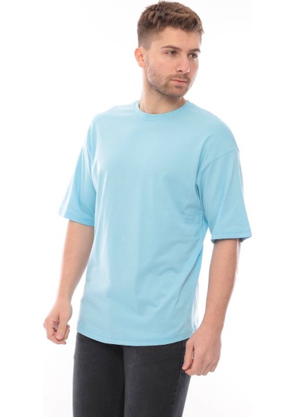 Erkek Oversize Fit Organik Pamuk Kalın Dokulu Bisiklet Yakalı Bebe Mavi T-Shirt fiyatları