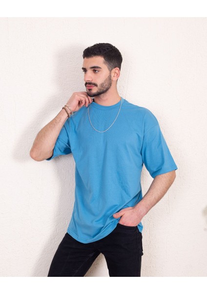 Erkek Oversize Fit Organik Pamuk Kalın Dokulu Bisiklet Yakalı Mavi T-Shirt