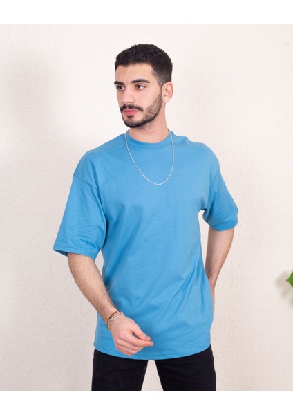 Erkek Oversize Fit Organik Pamuk Kalın Dokulu Bisiklet Yakalı Mavi T-Shirt fiyatları