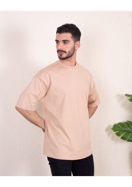 Erkek Oversize Fit Organik Pamuk Kalın Dokulu Bisiklet Yakalı Bej T-Shirt