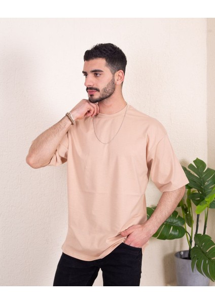 Erkek Oversize Fit Organik Pamuk Kalın Dokulu Bisiklet Yakalı Bej T-Shirt fiyatları