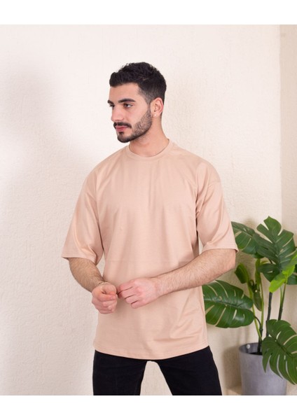 Erkek Oversize Fit Organik Pamuk Kalın Dokulu Bisiklet Yakalı Bej T-Shirt modelleri