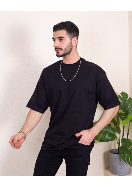Erkek Oversize Fit Organik Pamuk Kalın Dokulu Bisiklet Yakalı Siyah T-Shirt