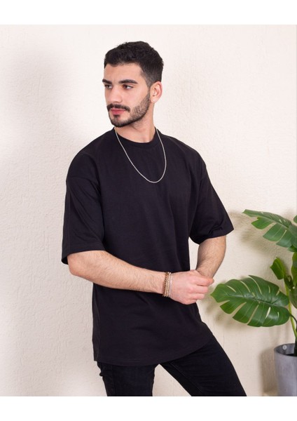 Erkek Oversize Fit Organik Pamuk Kalın Dokulu Bisiklet Yakalı Siyah T-Shirt fiyatları