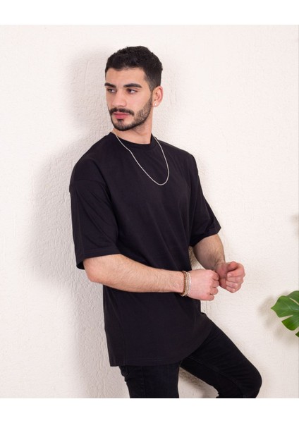 Erkek Oversize Fit Organik Pamuk Kalın Dokulu Bisiklet Yakalı Siyah T-Shirt modelleri